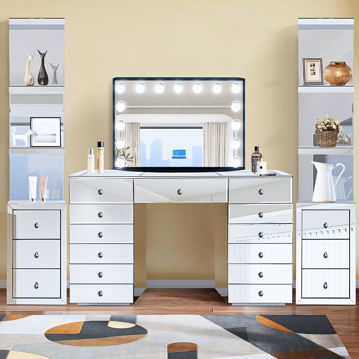 Monaco Mirror Vanity Station with Shelving Towers